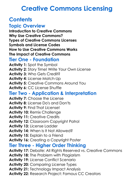 Creative Commons Licensing Worksheet Activity Booklet