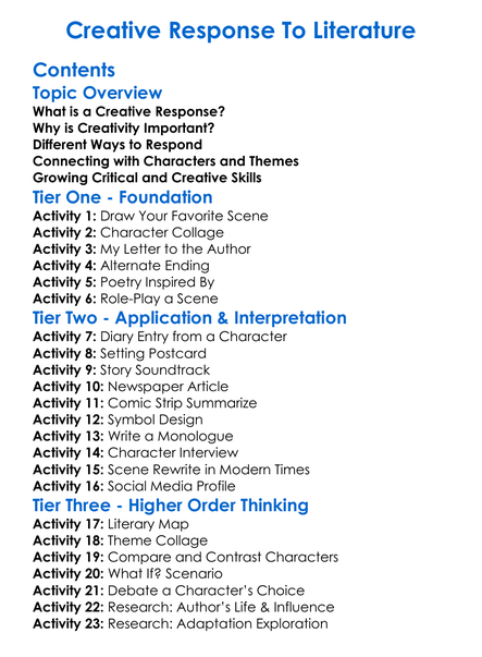 Creative Response To Literature Worksheet Activity Booklet