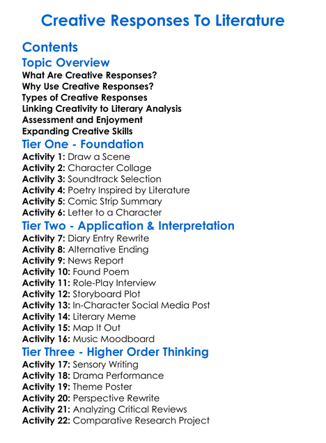 Creative Responses To Literature Worksheet Activity Booklet
