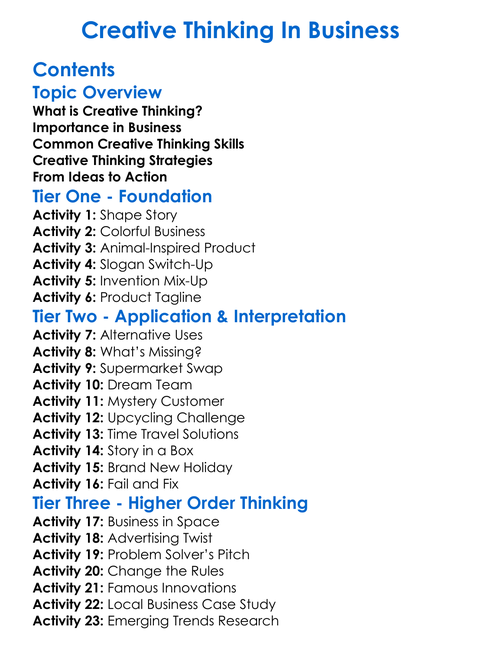 Creative Thinking In Business Worksheet Activity Booklet