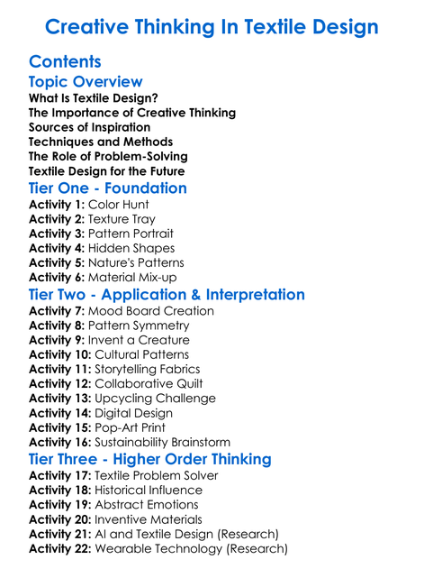 Creative Thinking In Textile Design Worksheet Activity Booklet