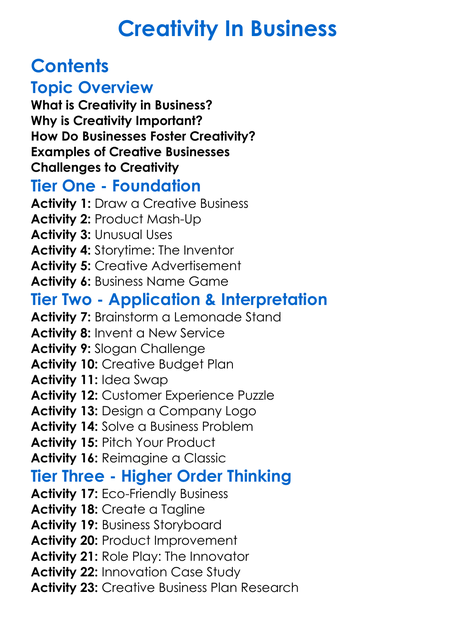 Creativity In Business Worksheet Activity Booklet