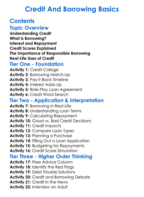 Credit And Borrowing Basics Worksheet Activity Booklet