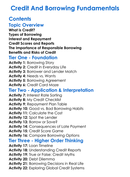 Credit And Borrowing Fundamentals Worksheet Activity Booklet