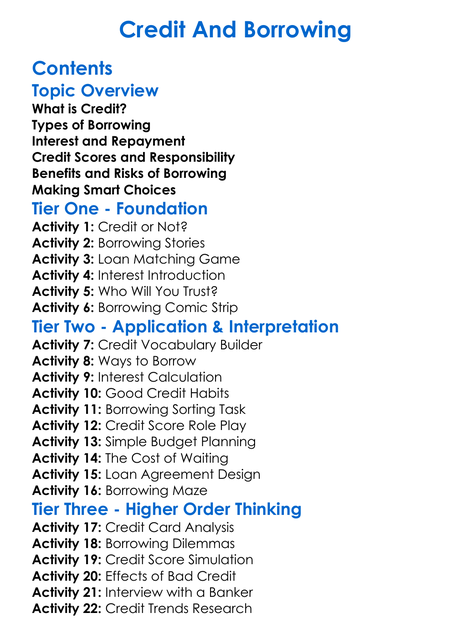 Credit And Borrowing Worksheet Activity Booklet