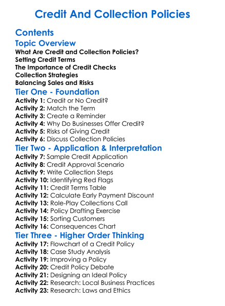Credit And Collection Policies Worksheet Activity Booklet
