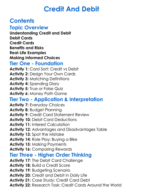 Credit And Debit Worksheet Activity Booklet