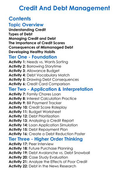 Credit And Debt Management Worksheet Activity Booklet
