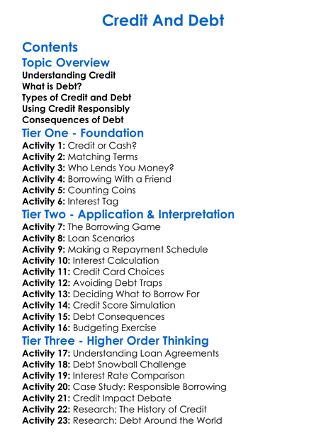 Credit And Debt Worksheet Activity Booklet