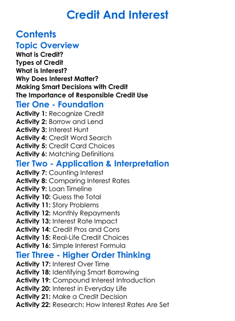 Credit And Interest Worksheet Activity Booklet