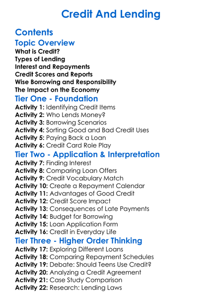 Credit And Lending Worksheet Activity Booklet
