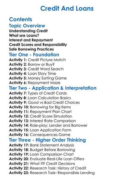 Credit And Loans Worksheet Activity Booklet