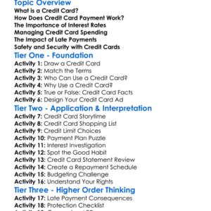 Credit Card Management Worksheet Activity Booklet