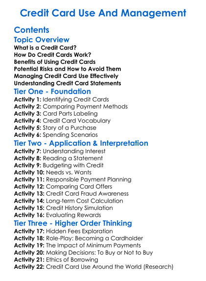 Credit Card Use And Management Worksheet Activity Booklet