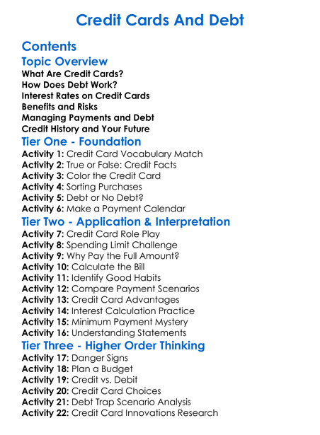 Credit Cards And Debt Worksheet Activity Booklet