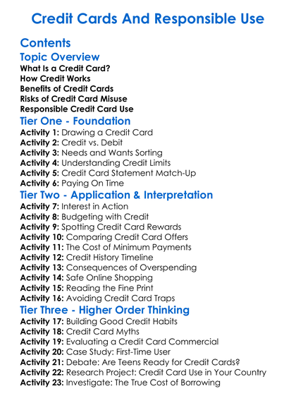 Credit Cards And Responsible Use Worksheet Activity Booklet