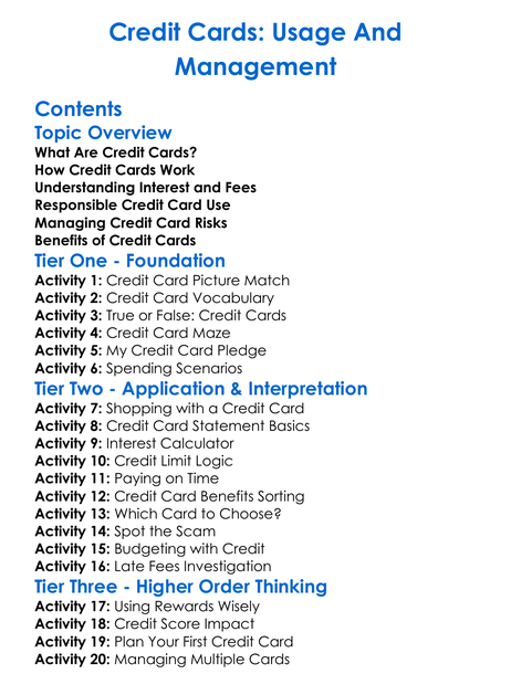 Credit Cards Usage And Management Worksheet Activity Booklet