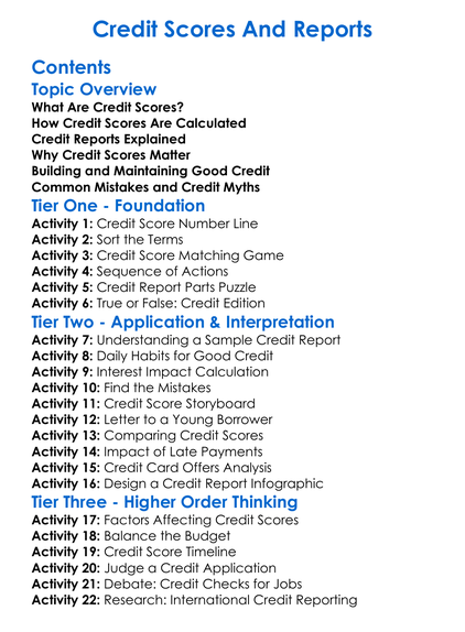 Credit Scores And Reports Worksheet Activity Booklet