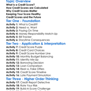 Credit Scores Worksheet Activity Booklet
