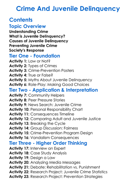 Crime And Juvenile Delinquency Worksheet Activity Booklet