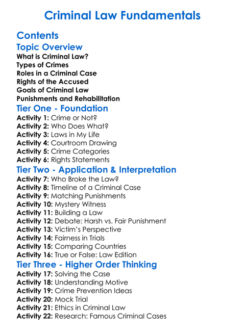 Criminal Law Fundamentals Worksheet Activity Booklet
