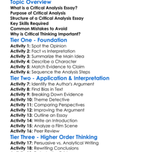 Critical Analysis Essays Worksheet Activity Booklet