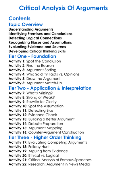 Critical Analysis Of Arguments Worksheet Activity Booklet