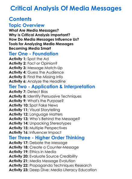 Critical Analysis Of Media Messages Worksheet Activity Booklet