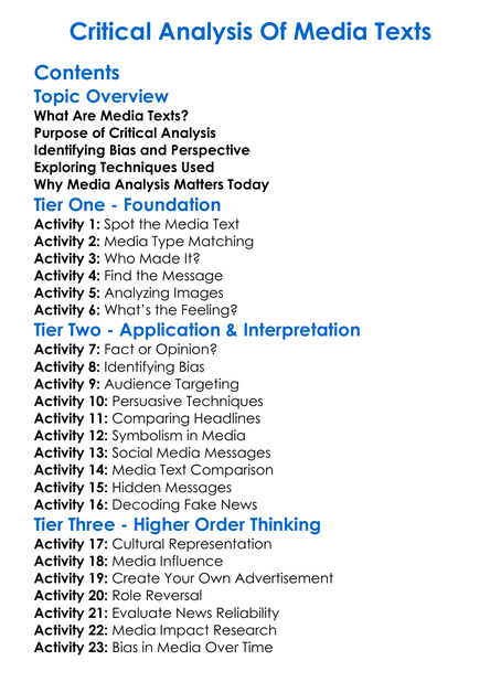Critical Analysis Of Media Texts Worksheet Activity Booklet