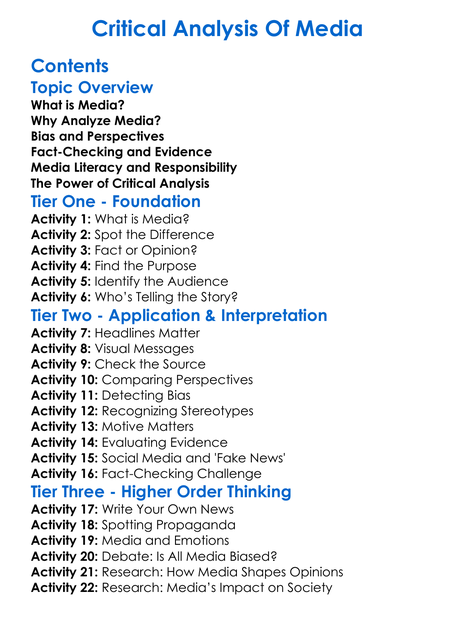 Critical Analysis Of Media Worksheet Activity Booklet