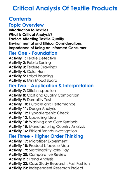 Critical Analysis Of Textile Products Worksheet Activity Booklet