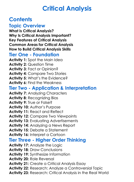 Critical Analysis Worksheet Activity Booklet