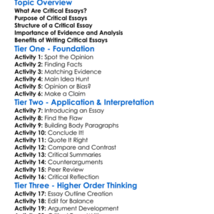 Critical Essays Worksheet Activity Booklet