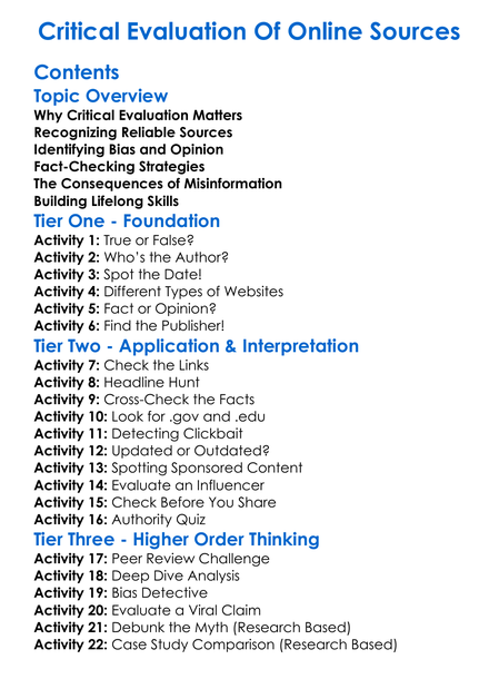 Critical Evaluation Of Online Sources Worksheet Activity Booklet