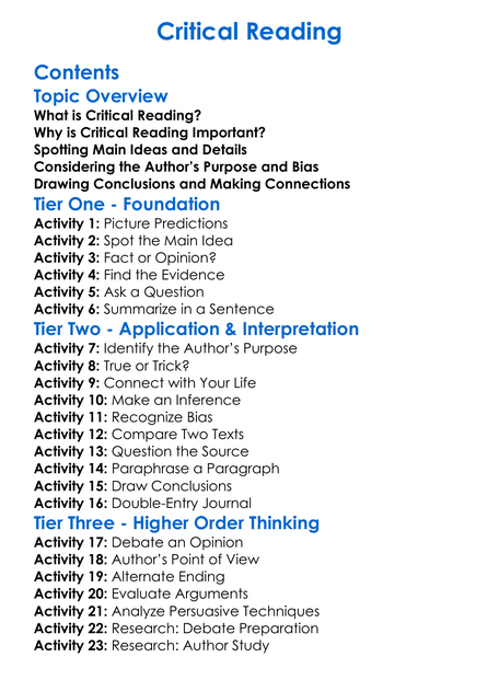Critical Reading Worksheet Activity Booklet