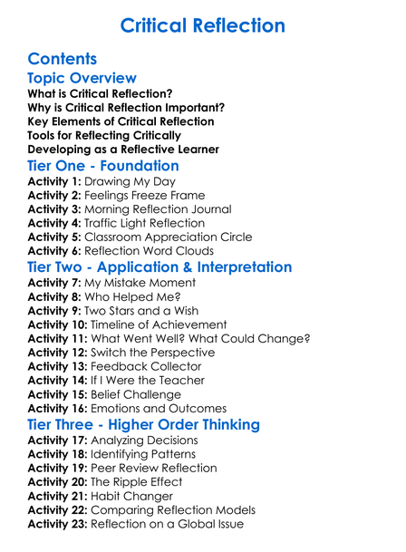 Critical Reflection Worksheet Activity Booklet