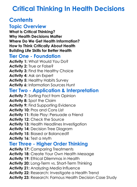 Critical Thinking In Health Decisions Worksheet Activity Booklet