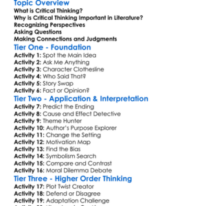 Critical Thinking In Literature Worksheet Activity Booklet