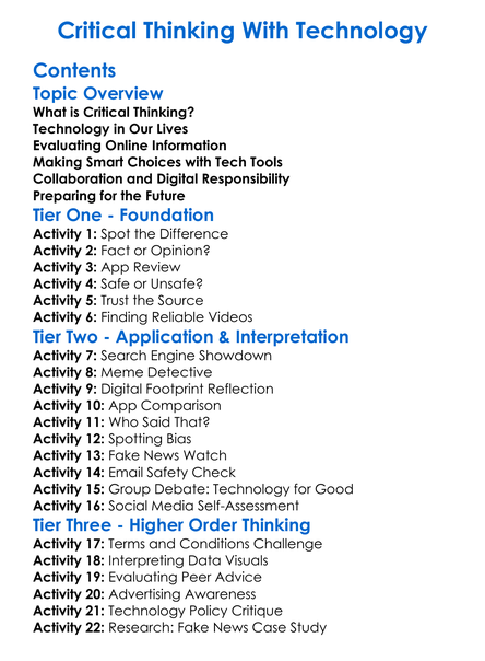 Critical Thinking With Technology Worksheet Activity Booklet