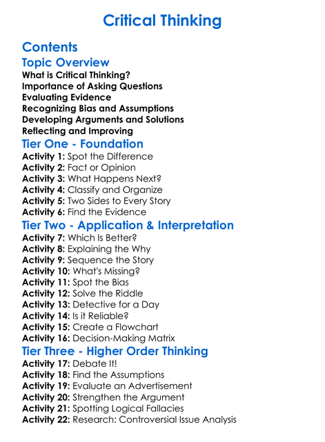 Critical Thinking Worksheet Activity Booklet