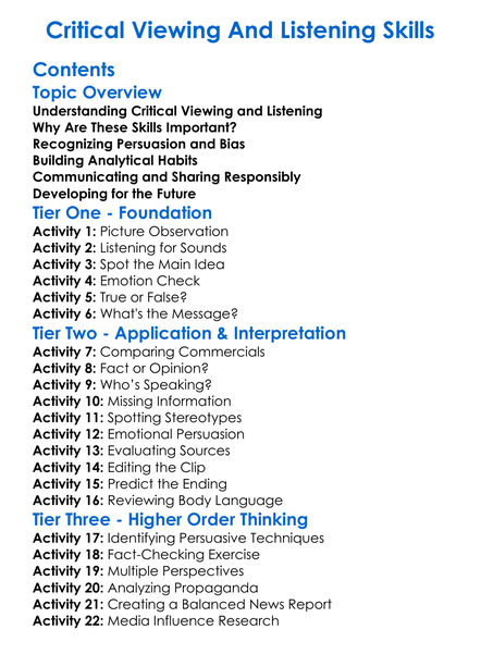 Critical Viewing And Listening Skills Worksheet Activity Booklet
