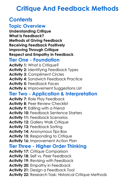 Critique And Feedback Methods Worksheet Activity Booklet