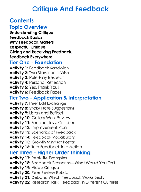 Critique And Feedback Worksheet Activity Booklet