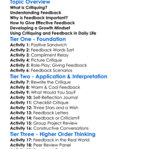 Critiquing And Feedback Worksheet Activity Booklet