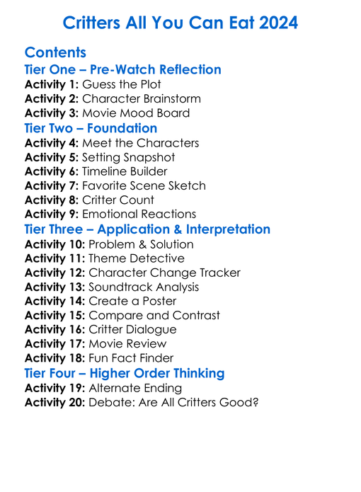 Critters All You Can Eat 2024 Worksheet Activity Booklet