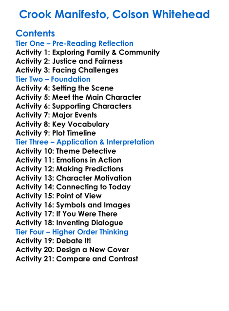 Crook Manifesto Colson Whitehead Worksheet Activity Booklet
