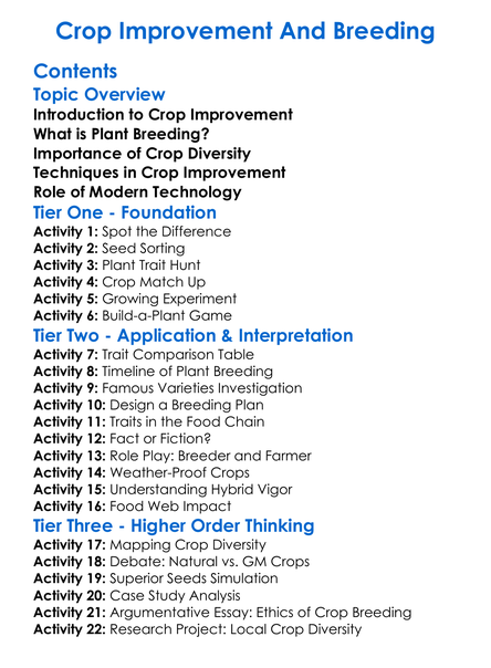 Crop Improvement And Breeding Worksheet Activity Booklet