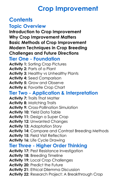 Crop Improvement Worksheet Activity Booklet