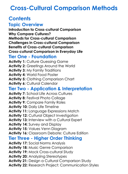 Cross-Cultural Comparison Methods Worksheet Activity Booklet