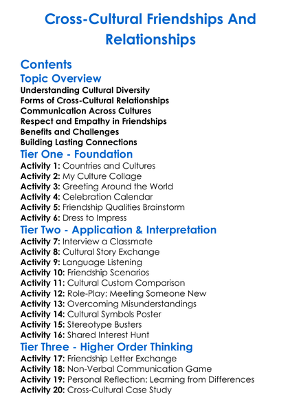 Cross-Cultural Friendships And Relationships Worksheet Activity Booklet